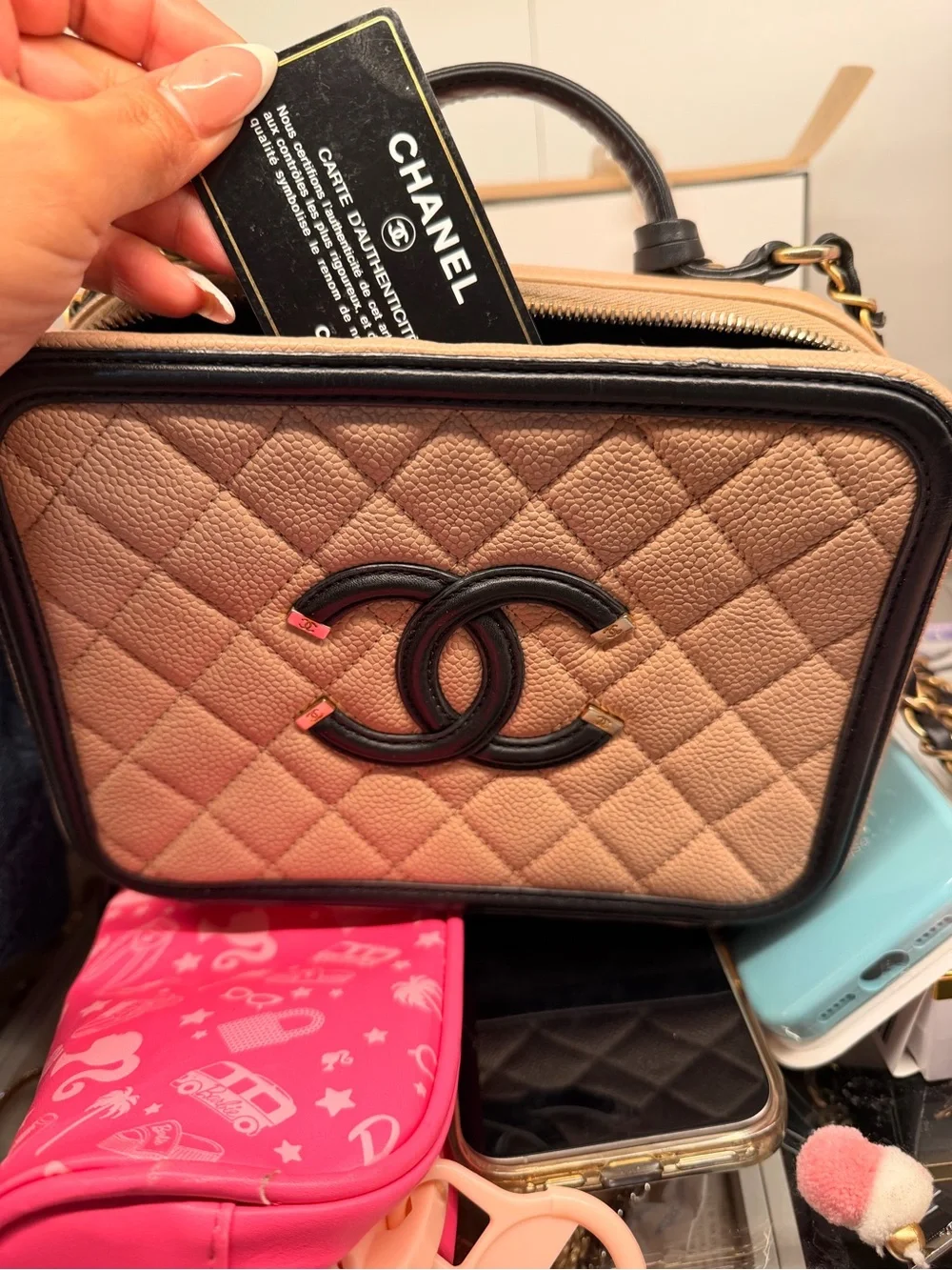 CHANEL Quilted Vanity Medium Bag in Beige and Black